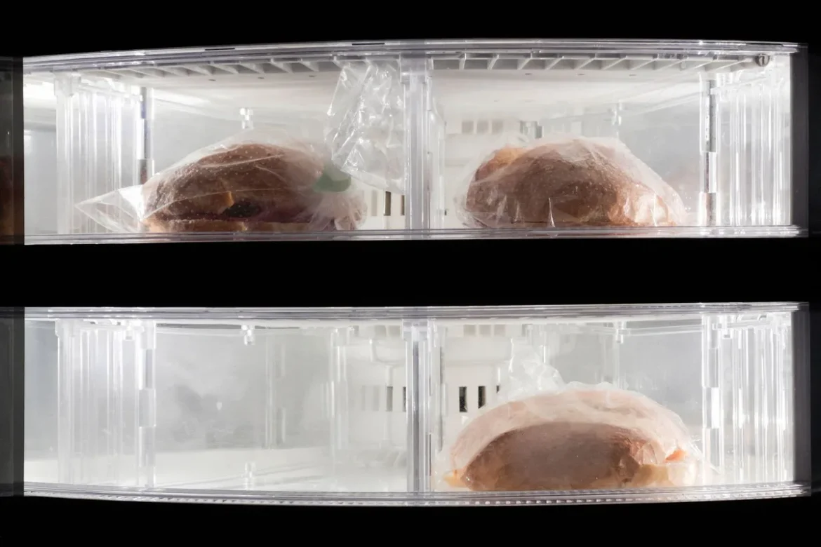 Pain enveloppé dans un torchon en coton, rangé dans une boîte aérée en bois sur un plan de travail de cuisine