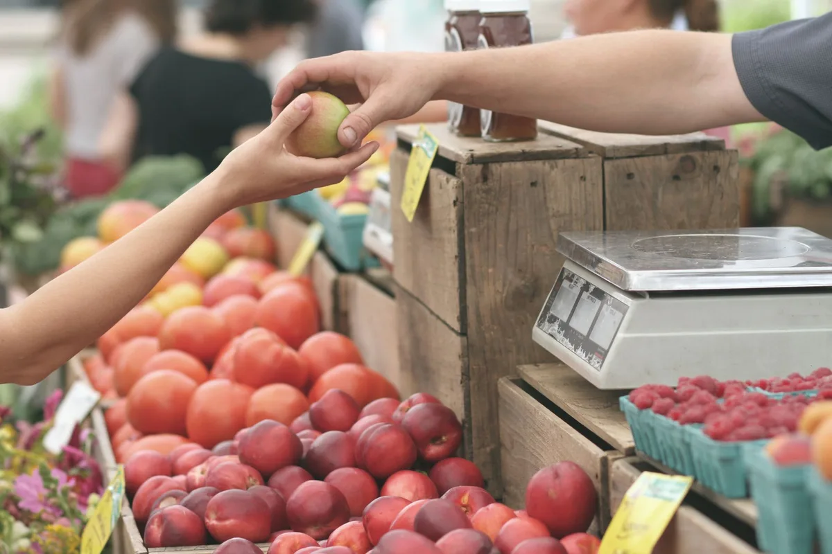 Vendeur sur un marché de producteurs présentant ses récoltes locales